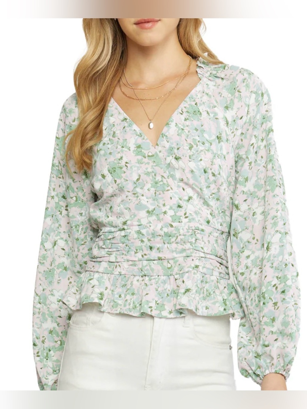 Entro NWT My Younger Self Mint Green Pink‎ Floral Wrap Blouse Medium